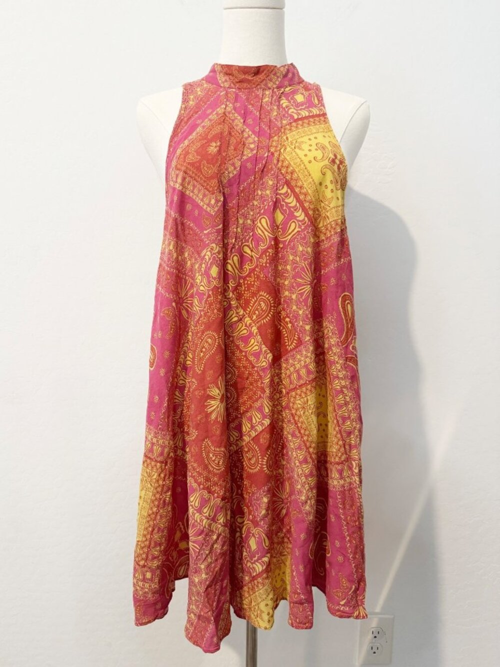Free People Beaux Dress Size Large Paisley High Neck V Back Boho Festival Fairy